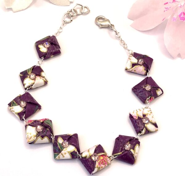 Bracelet de perles plates de papier en origami et de couleur violet et rose tendre