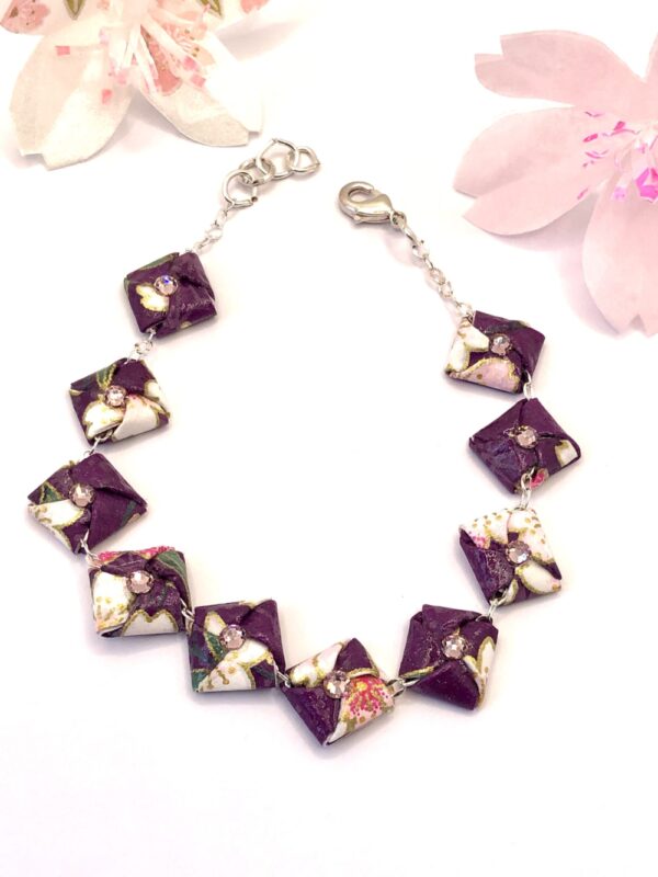 Bracelet de perles plates de papier en origami et de couleur violet et rose tendre