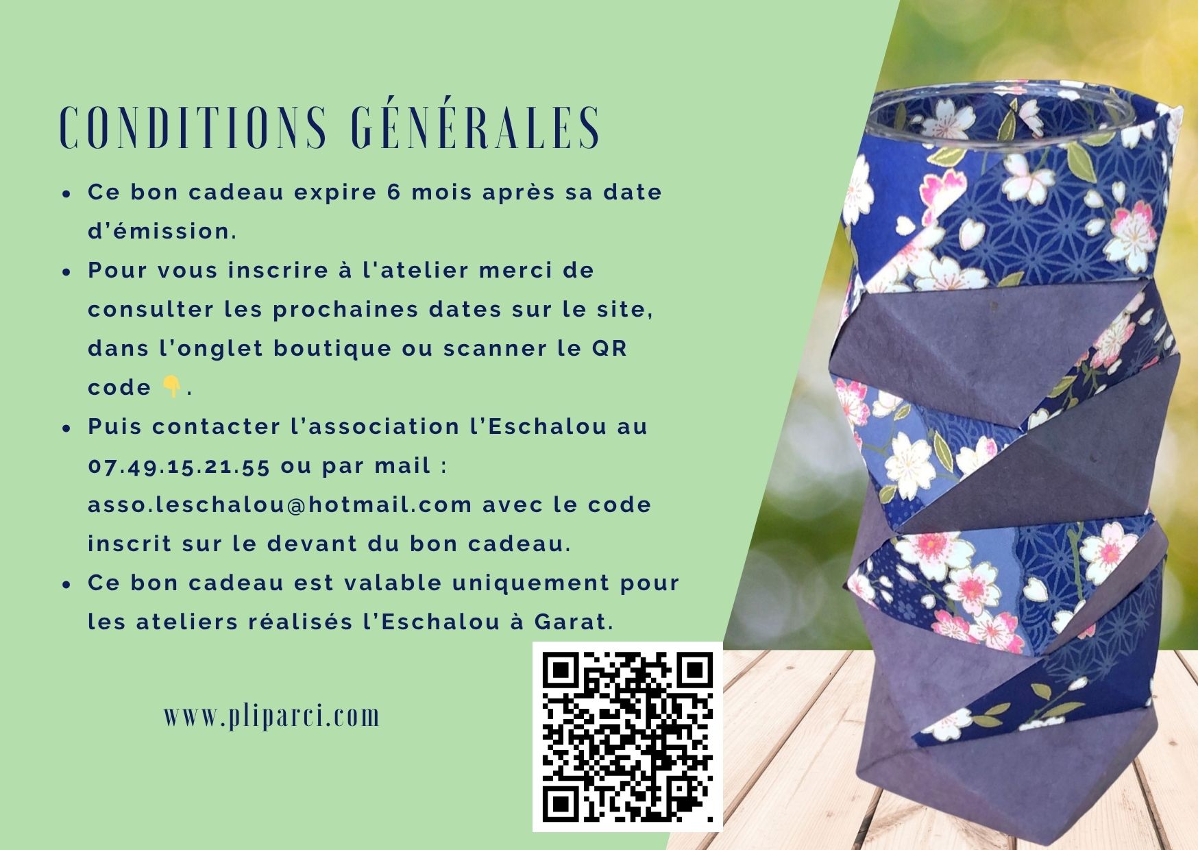 bon cadeau pour un atelier à l'Eschalou